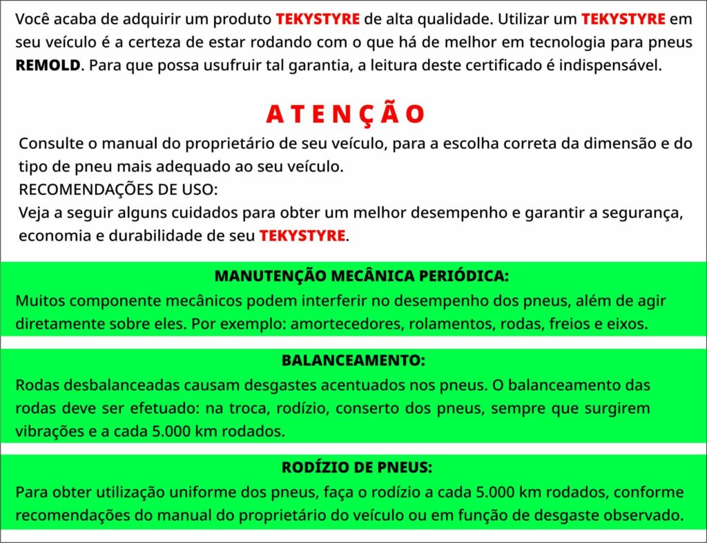 Certificado Garantia Tekys Tyres Página 1
